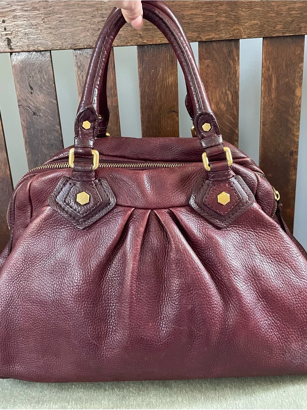 Marc by Marc Jacobs Burgundy Leather Pleated Satchel with Gold Hardware